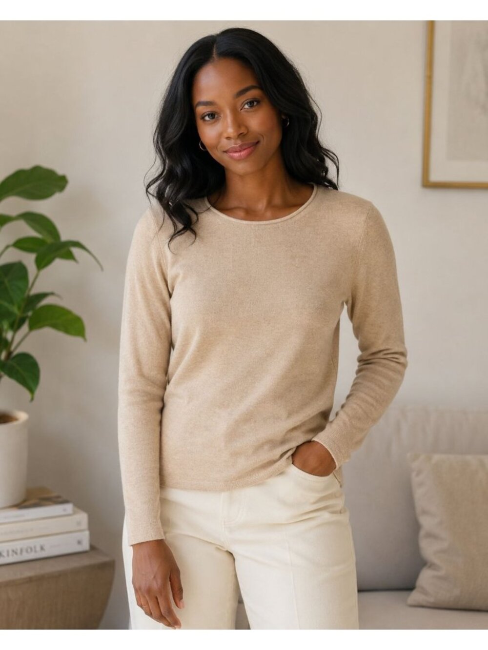 Marina Luna Beige 100% Cashmere Crewneck Sweater Classic Pullover Tan M